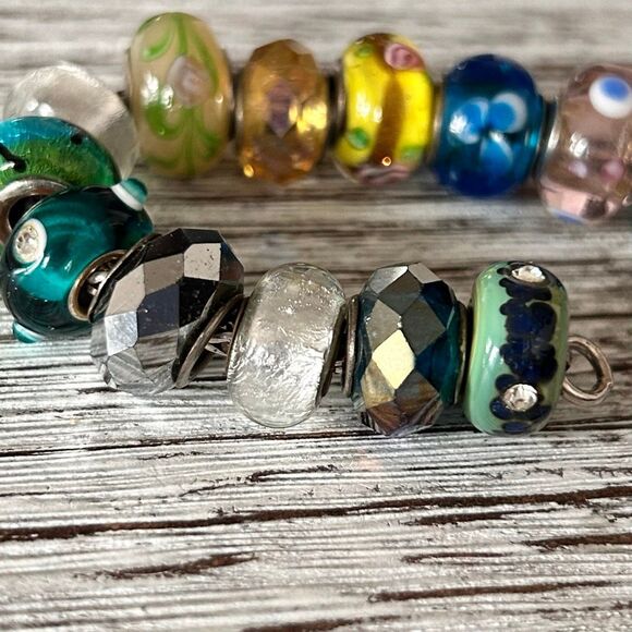 Lot Of 14 Designer Big Hole Murano Glass Charms Sterling Core, Colorful & Flower - Picture 6 of 16